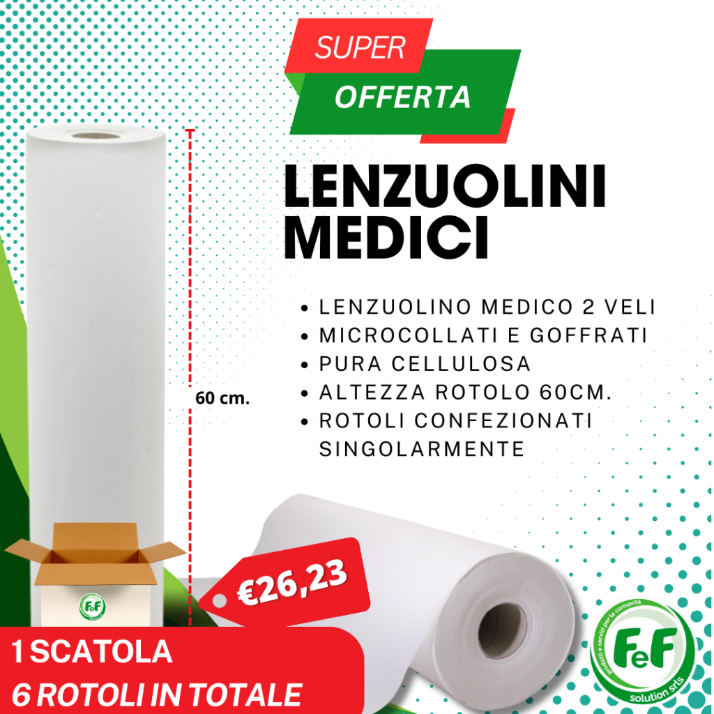 6 Rotoli Lenzuolino Medico 60X75 metri 100% pura cellulosa Made in Italy